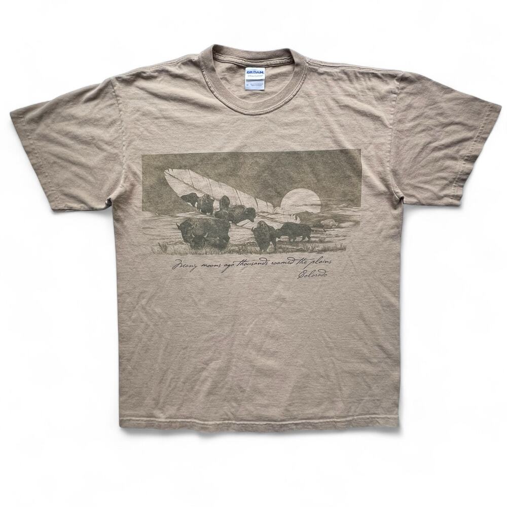 Vintage Bison Buffalo Roamed The Plains Feather Colorado Nature T Shirt M Tan